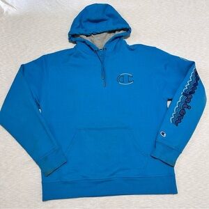 Champion Sweater Adult‎ Large  Blue Script Logo Hoodie Sweatshirt Mens FLAWS